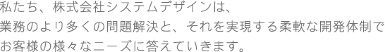 私たち、株式会社システムデザインは、業務のより多くの問題解決と、それを実現する柔軟な開発体制でお客様の様々なニーズに答えていきます。